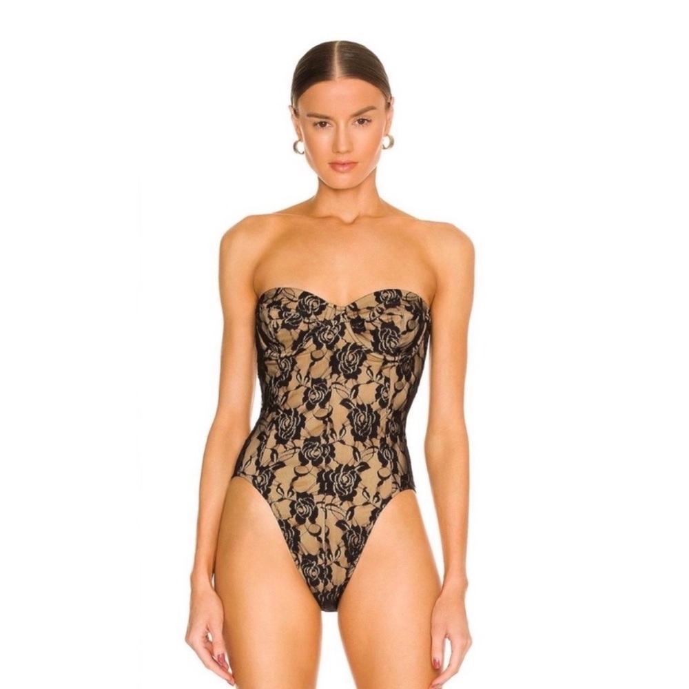 Norma Kamali Black Lace Overlay on Tan One-Piece Swimsuit